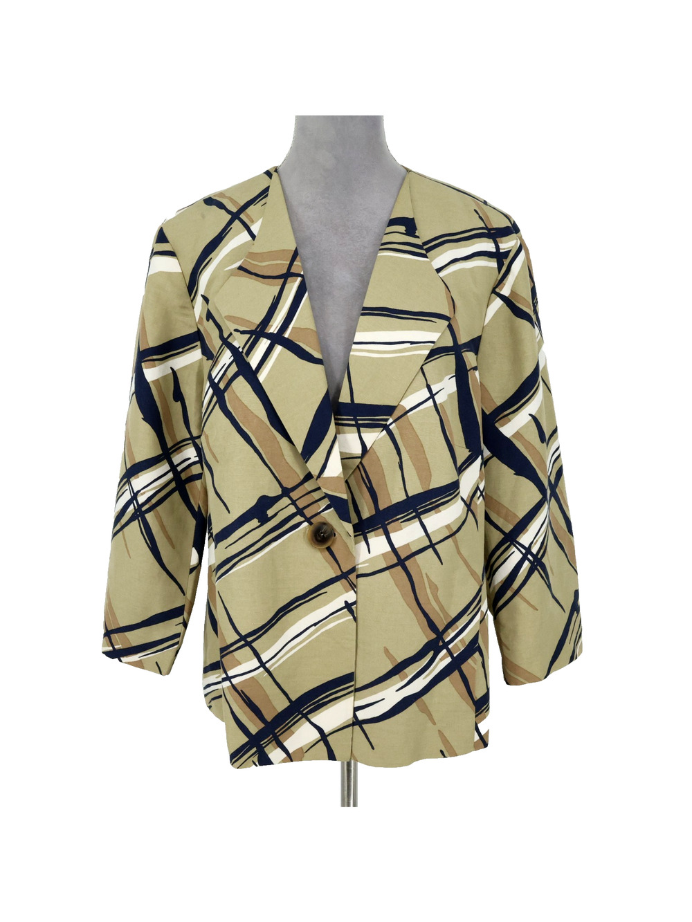 Kasper Woman Jacket Plus Size 16W Beige Black Linen Blend Lined Blazer Oversized